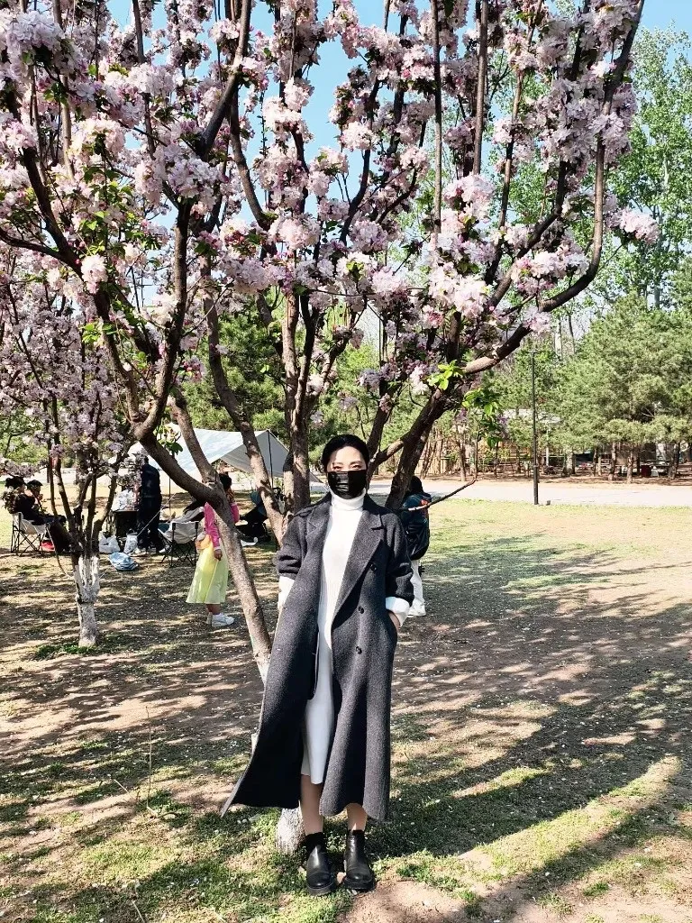 海棠花树下的全身照，长款灰大衣配白裙和黑靴，远处草地上有露营和野餐的人